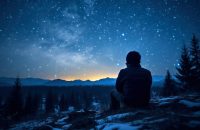 a man on a stone admiring the starry sky generative ai.